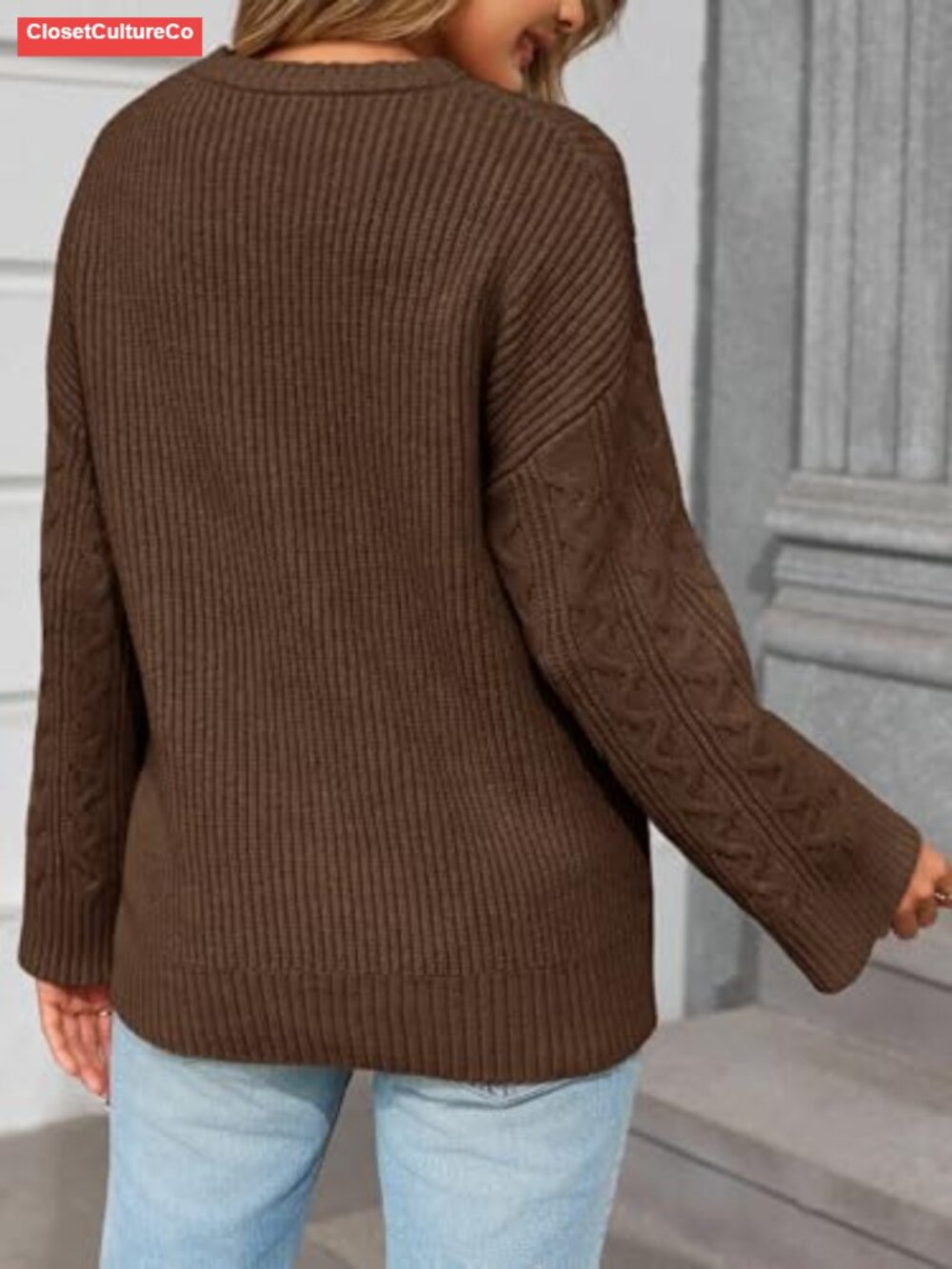 Cable Knit Sweater Oversized Long Sleeve Crew Neck Chunky Pullover - Picture 4 of 5